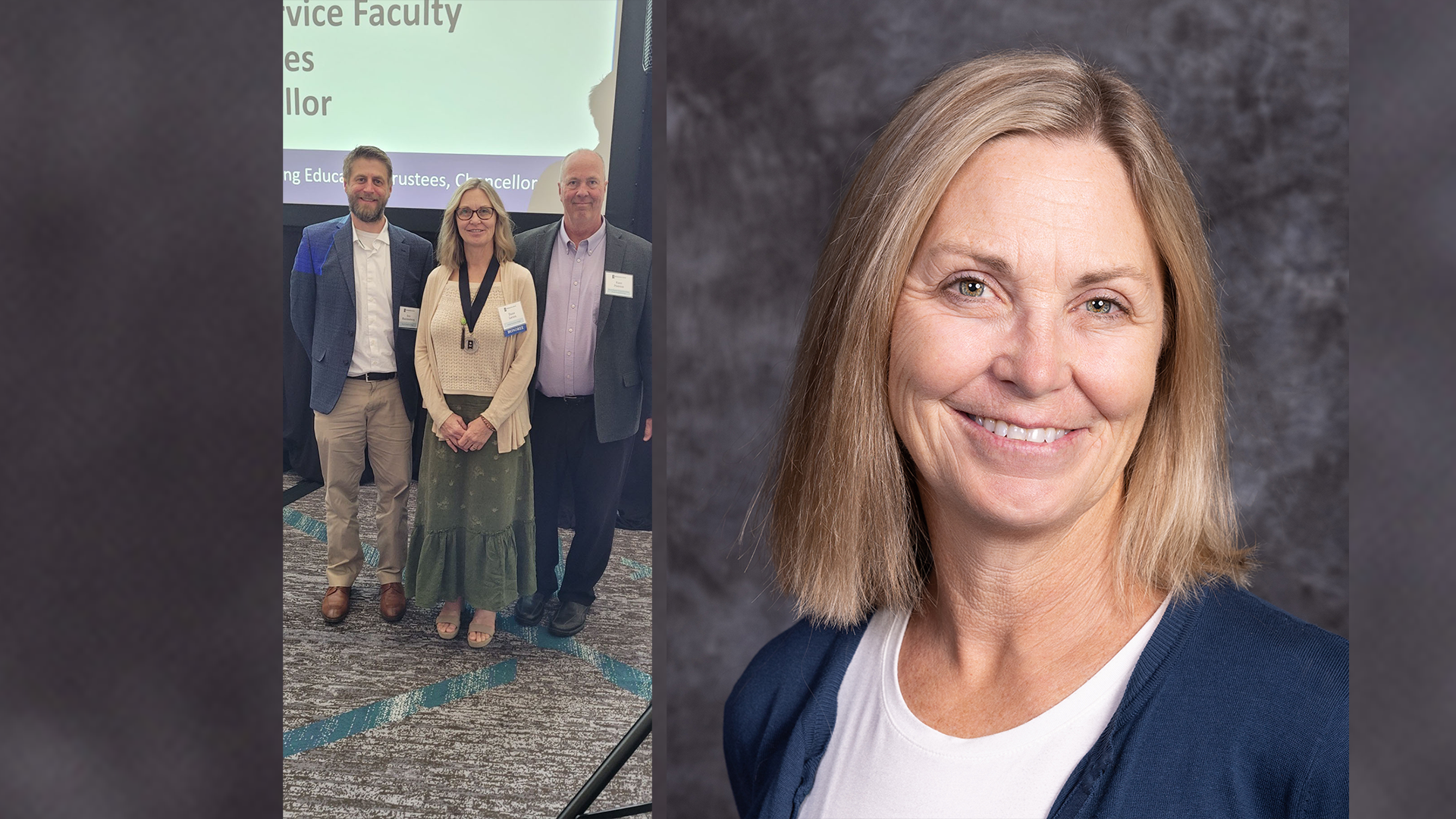 Image split in two; on the left, four professionals posing together at a conference with a banner reading 'Service Faculty Excellence Professor,' on the right, a close-up portrait of a smiling individual in a navy blazer.