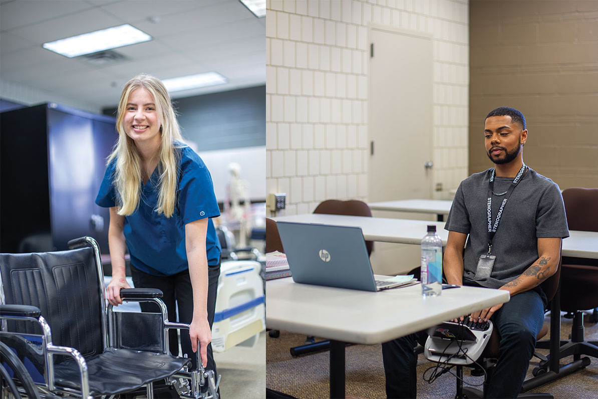 Two professionals in a workplace setting: one adjusting a wheelchair and another using stenography tools at a desk.